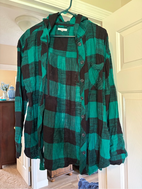 Maurices Tops - Maurices Green and Black Plaid Button-Down Hooded Shirt